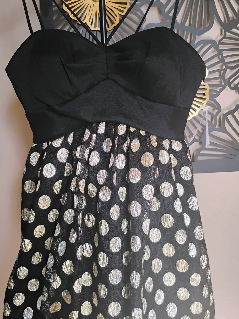 Morgan & Co. Black & Gold Polka Dot Party Dress With Spaghetti Straps Size 9 NWT